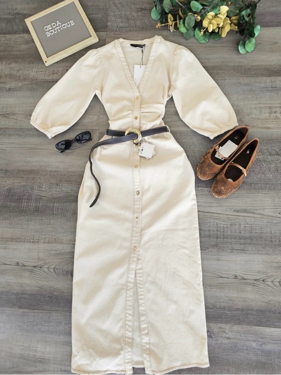 Zara Dresses & Skirts - Zara Cream Button-Front Maxi Dress with Puff Sleeves